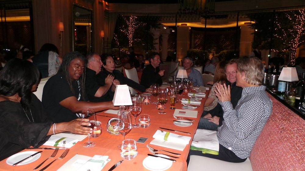 Jimmy Smith and his wife Smoke, Mark Tutsell, Tham Khai Meng, Kim Shaw, and Rob Feakins enjoying dinner at Andrea's
