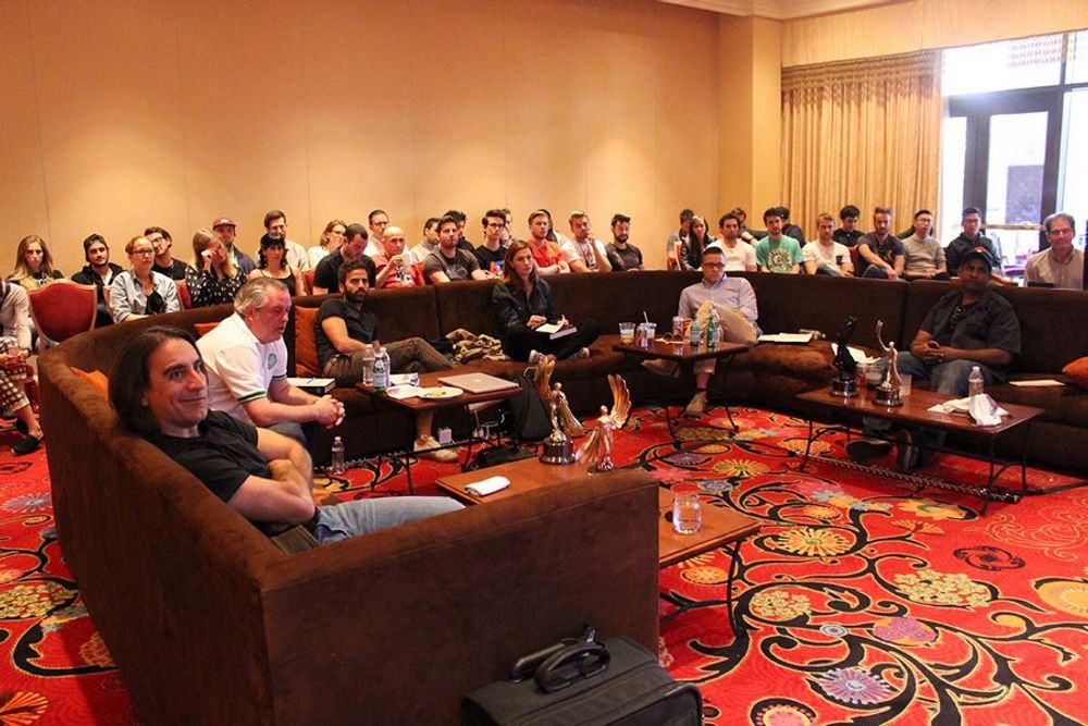 TV/Cinema/Online Film - Music & Sound Jury: Jack Sedgwick, David Leinheardt, Jeff Elmassian, Ramesh Sathiah, Jessica Dierauer and Scott Cymbala enjoying having the young creatives sit in on statue discussions