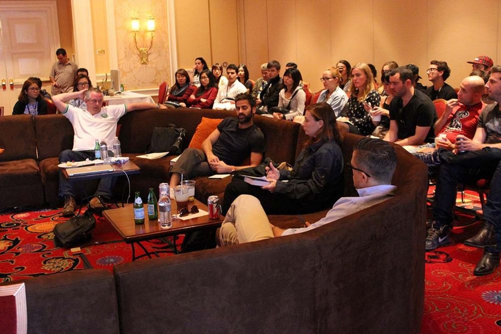 Scott Cymbala, David Leinheardt, Jessica Dierauer and Jack Sedgwick having a great time in discussions, while the young creatives sit in