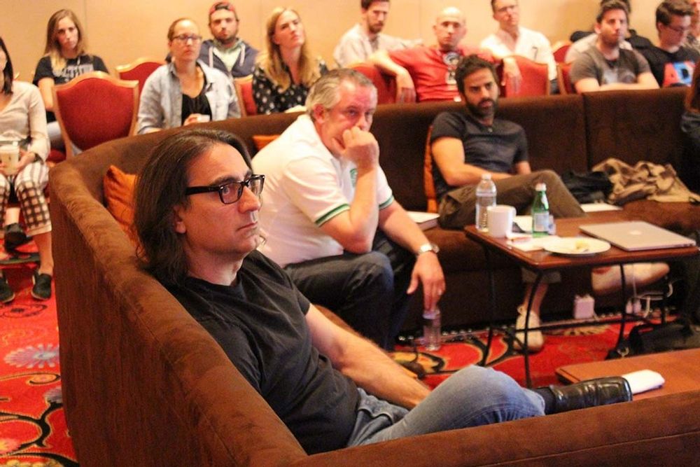 Jeff Elmassian, Scott Cymbala, and David Leindheardt enjoying their time in the judging room with young creatives sitting in on discussions