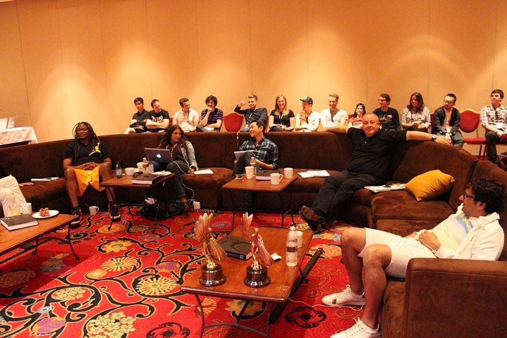 Jimmy Smith, Dörte Spengler-Ahrens, Mathias Appelblad, Mark Tutsell and Sonal Dabral having an enjoyable time during discussions in the jury room while the young creatives sit in