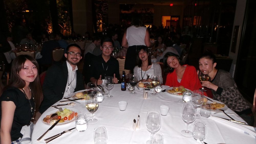 Juror Sumiko Matsuda enjoying dinner at the patio party with young creatives Kana Nakao, Yukiko Kumazaki, Daniel Hang Li, Noriaki Onoe, and Yuko Takagi