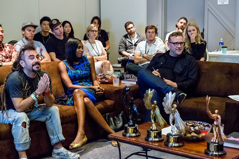 Faris Yakob, Kelle Jacob and Cyrus Vantoch-Wood in the judging room with the young creatives