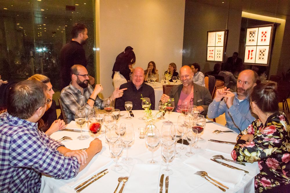 The Radio Jury enjoying dinner and drinks at Mr. Chow: Paul Wauters, Chuck Rachford, Tom Eymundson, Chris Smith, Larissa Kirschner, Ralph van Dijk and Mariana O'Kelly