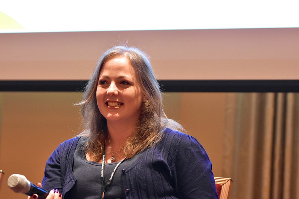 Sarsha Drakeford on stage during Chris Smith's talk