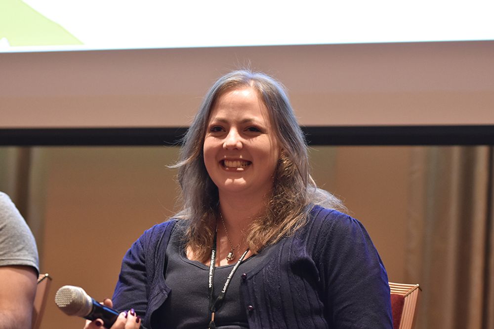 Sarsha Drakeford on stage during Chris Smith's talk